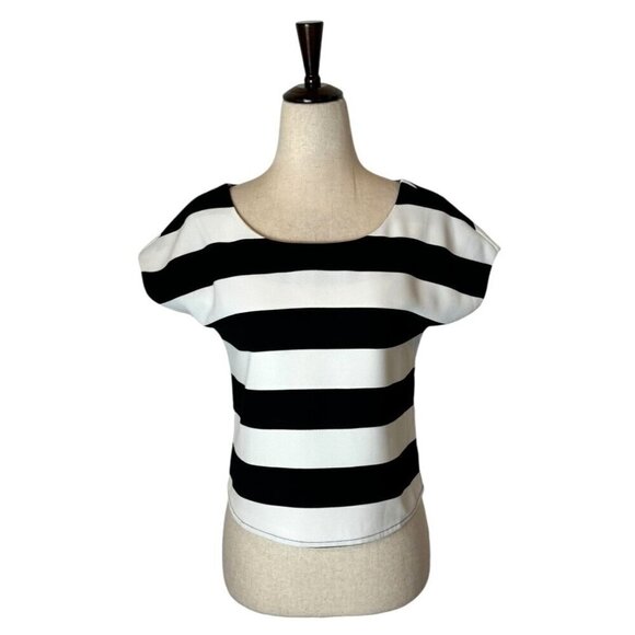 Sam Edelman Shirt Women XS Black White Striped Cropped Sheer Back Zip Blouse - Picture 2 of 12